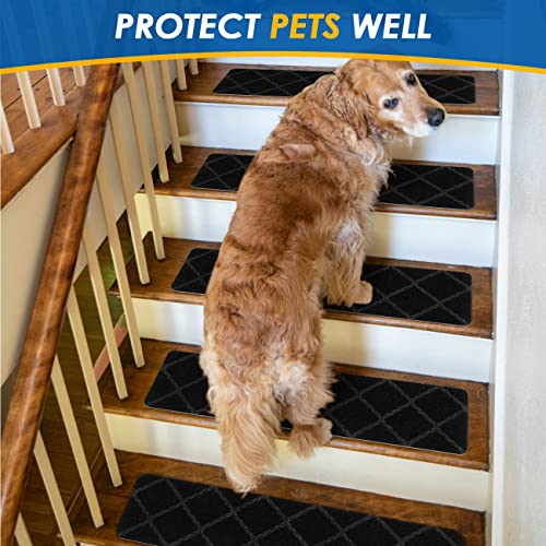 RIOLAND Stair Treads Carpet Non-Slip Indoor 15 PCS Wood Stair Treads Rugs Anti Moving Modern Stair Runners Safety for Kids Dogs, 8" X 30", Diamond Black - Image 3