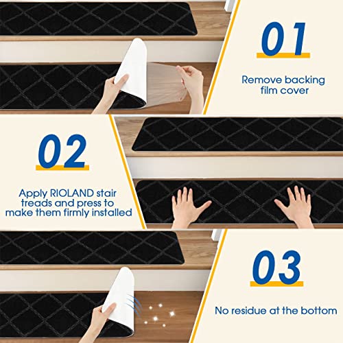 RIOLAND Stair Treads Carpet Non-Slip Indoor 15 PCS Wood Stair Treads Rugs Anti Moving Modern Stair Runners Safety for Kids Dogs, 8" X 30", Diamond Black - Image 4
