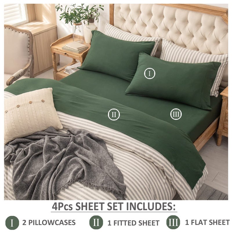 Pure Era Jersey Knit 4Pc Bed Sheet Set 100% T-Shirt Heather Cotton Super Soft Comfy Breathable Fits Mattress Up To 20"" Extra Deep Pocket (Forest Green  Full) - Image 2