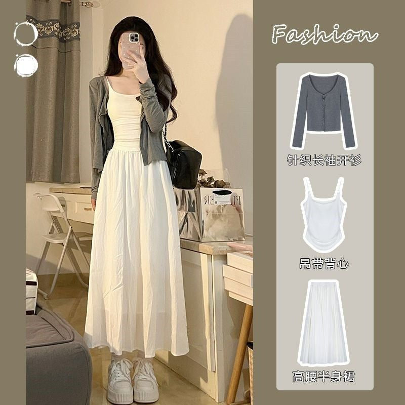 White Camisole dress suit Women's Early Spring New Casual Korean Style Casual Three-piece Set - Image 2