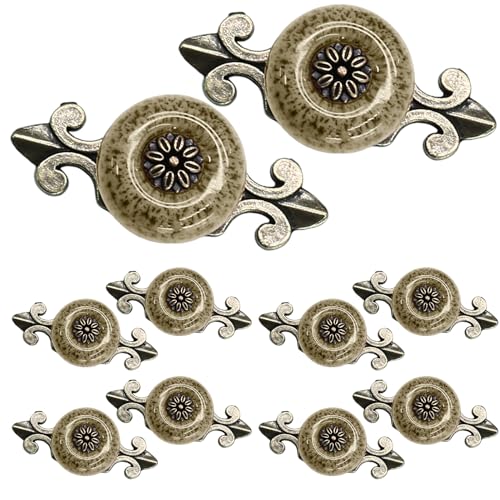 Suiwotin 10pcs Ceramic Dresser Knobs White with Pattern Vintage Cabinet Knobs with Antique Bronze Back Plate Decorative Drawer Pull Handles for Closet Cupboard - Image 1