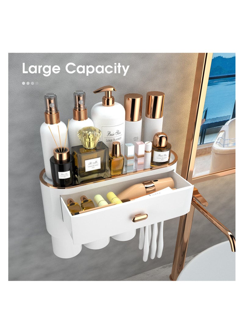 SYOSI Toothbrush Holders for Bathrooms: Wall Mounted with 3 Cups, Large Capacity Drawer and Tray, Bathroom Organizer for Toothbrushes, Toothpaste, Combs, Razors, Makeup - Easy to Install and Clean - Image 2