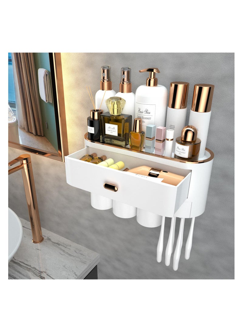 SYOSI Toothbrush Holders for Bathrooms: Wall Mounted with 3 Cups, Large Capacity Drawer and Tray, Bathroom Organizer for Toothbrushes, Toothpaste, Combs, Razors, Makeup - Easy to Install and Clean - Image 1