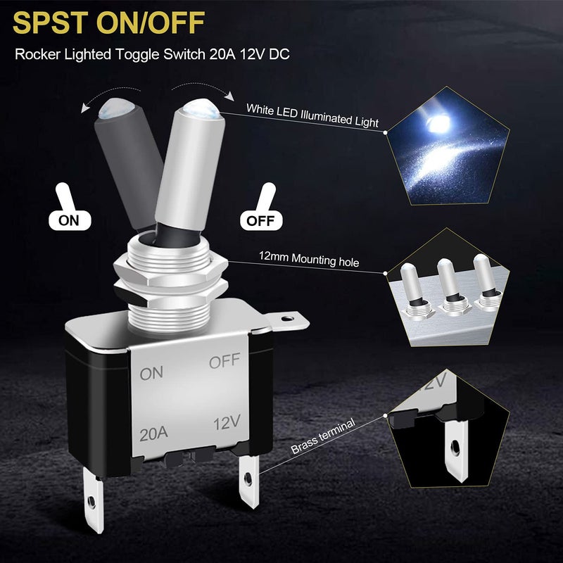 Twidec /3Pcs Rocker Lighted Toggle Switch 12V 20A Heavy Duty Racing Car Automotive Auto SPST ON/Off Toggle Switch White LED Illuminated 3Pin ASW-07DW - Image 3