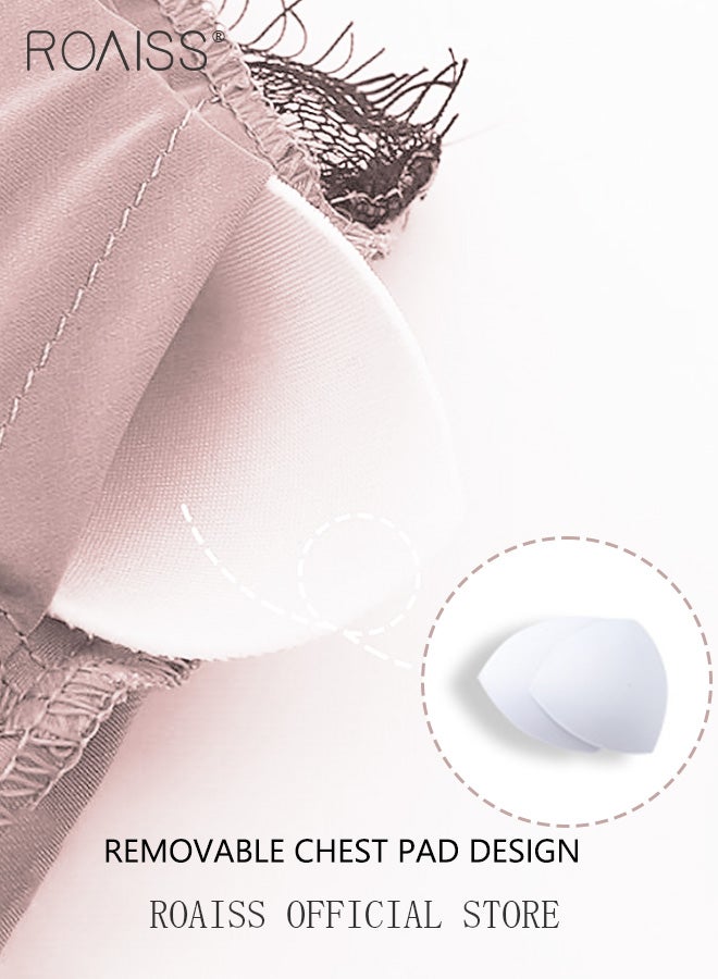 رويس مجموعة ملابس منزلية نسائية مكونة من أربع قطع، نسيج مريح ناعم وصديق للبشرة، عناصر دانتيل عصرية ذات لون موحد - Image 5