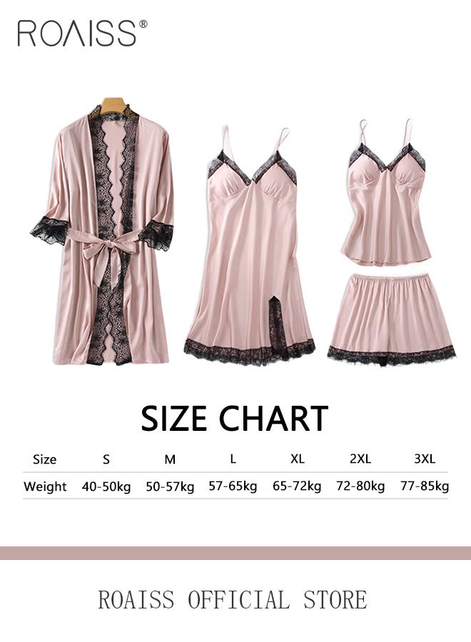 رويس مجموعة ملابس منزلية نسائية مكونة من أربع قطع، نسيج مريح ناعم وصديق للبشرة، عناصر دانتيل عصرية ذات لون موحد - Image 2