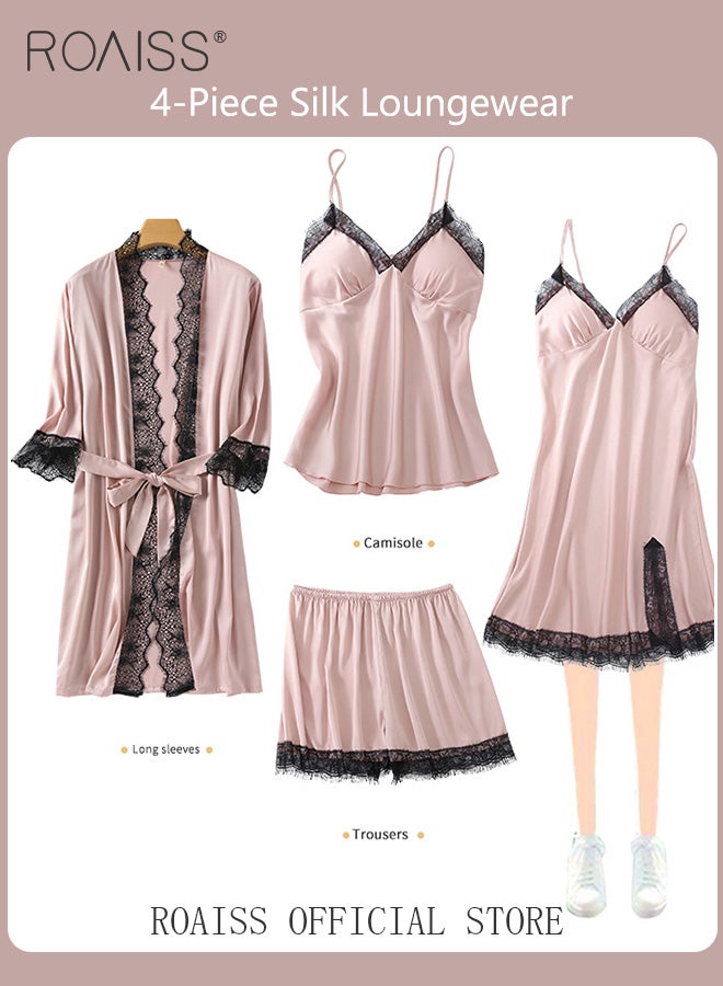 رويس مجموعة ملابس منزلية نسائية مكونة من أربع قطع، نسيج مريح ناعم وصديق للبشرة، عناصر دانتيل عصرية ذات لون موحد - Image 1