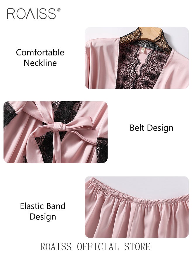 رويس مجموعة ملابس منزلية نسائية مكونة من أربع قطع، نسيج مريح ناعم وصديق للبشرة، عناصر دانتيل عصرية ذات لون موحد - Image 4