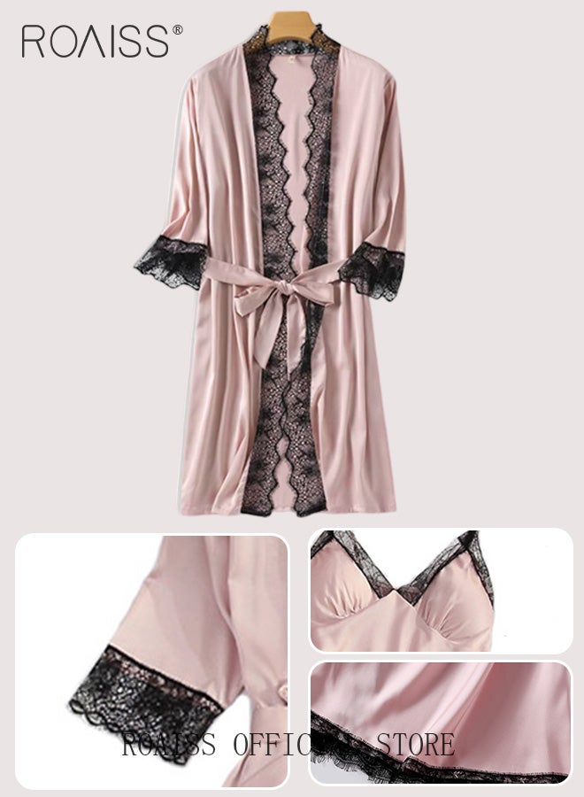 رويس مجموعة ملابس منزلية نسائية مكونة من أربع قطع، نسيج مريح ناعم وصديق للبشرة، عناصر دانتيل عصرية ذات لون موحد - Image 3