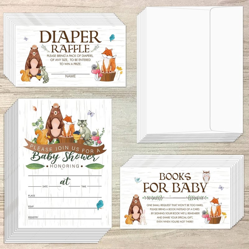 Containlol Sets of 28 Woodland Animal Baby Shower Invitations Diaper Raffle Tickets Baby Shower Book Request Cards with Envelopes for Boy Girl Woodland Creatures Forest Welcome Theme Party Supplies - Image 1