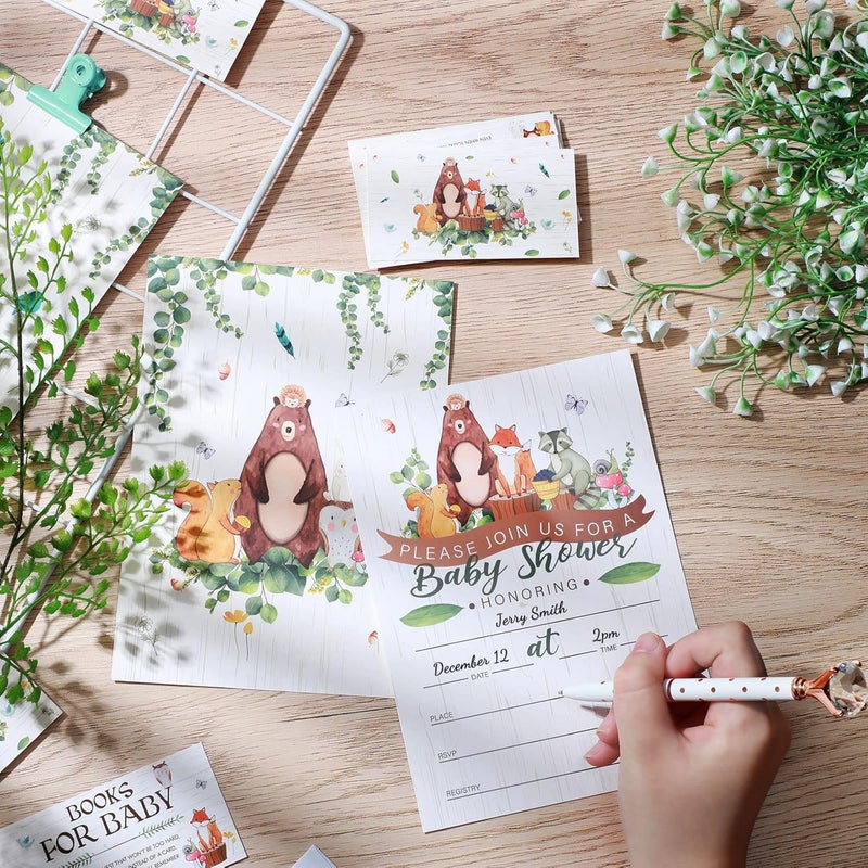 Containlol Sets of 28 Woodland Animal Baby Shower Invitations Diaper Raffle Tickets Baby Shower Book Request Cards with Envelopes for Boy Girl Woodland Creatures Forest Welcome Theme Party Supplies - Image 4