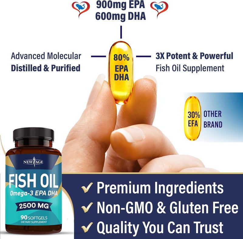 New Age مكمل زيت السمك أوميغا 3 من نيو إيدج 2500 ملغ غير معدل وراثيًا EPA DHA أحماض دهنية خالية من الغلوتين 180 كبسولة لينة عبوة من 2 - Image 4