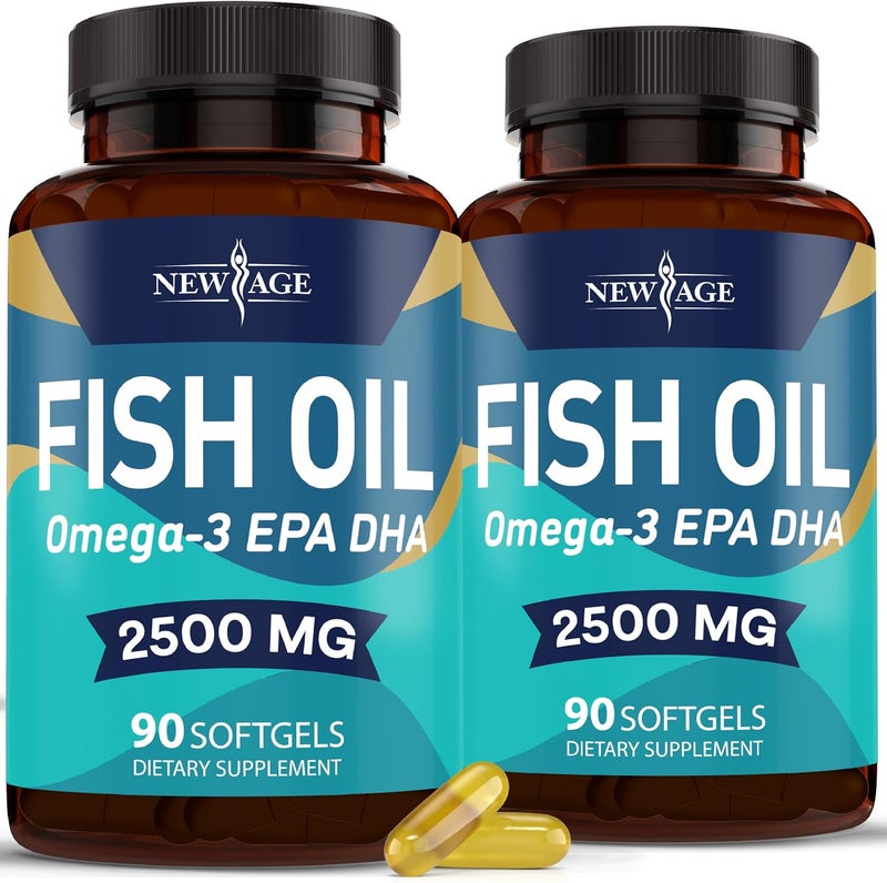 New Age مكمل زيت السمك أوميغا 3 من نيو إيدج 2500 ملغ غير معدل وراثيًا EPA DHA أحماض دهنية خالية من الغلوتين 180 كبسولة لينة عبوة من 2 - Image 1