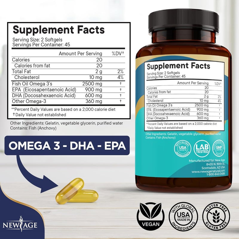 New Age مكمل زيت السمك أوميغا 3 من نيو إيدج 2500 ملغ غير معدل وراثيًا EPA DHA أحماض دهنية خالية من الغلوتين 180 كبسولة لينة عبوة من 2 - Image 2