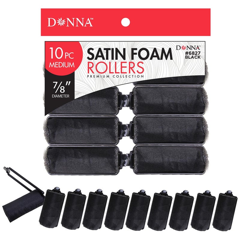 DONNA Silky Sastin Foam Roller 7/8"(D) MEDIUM 10PCS Hair Curlers with Clips for Heatless Hairdressing and Styling - BLACK - Image 1