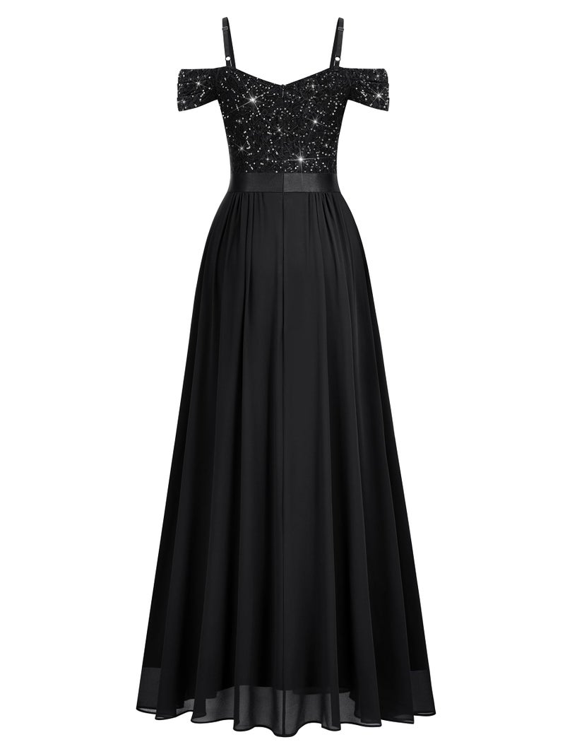 Miusol Women's Off Shoulder Elegant Sequined Split Spaghetti Straps Wedding Maxi Dress (X-Large, Black) - Image 5