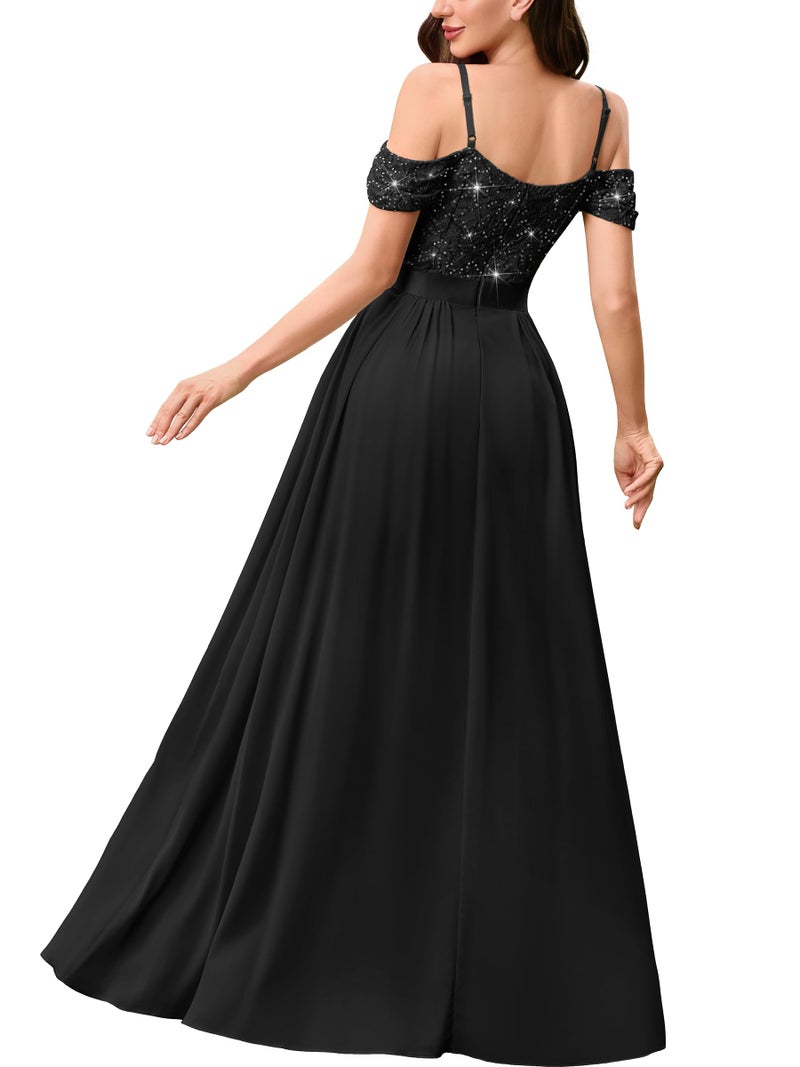 Miusol Women's Off Shoulder Elegant Sequined Split Spaghetti Straps Wedding Maxi Dress (X-Large, Black) - Image 2