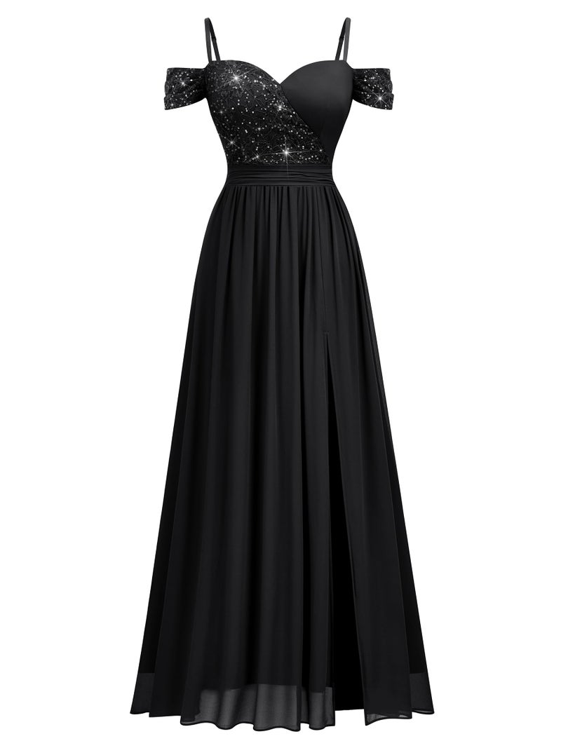 Miusol Women's Off Shoulder Elegant Sequined Split Spaghetti Straps Wedding Maxi Dress (X-Large, Black) - Image 4