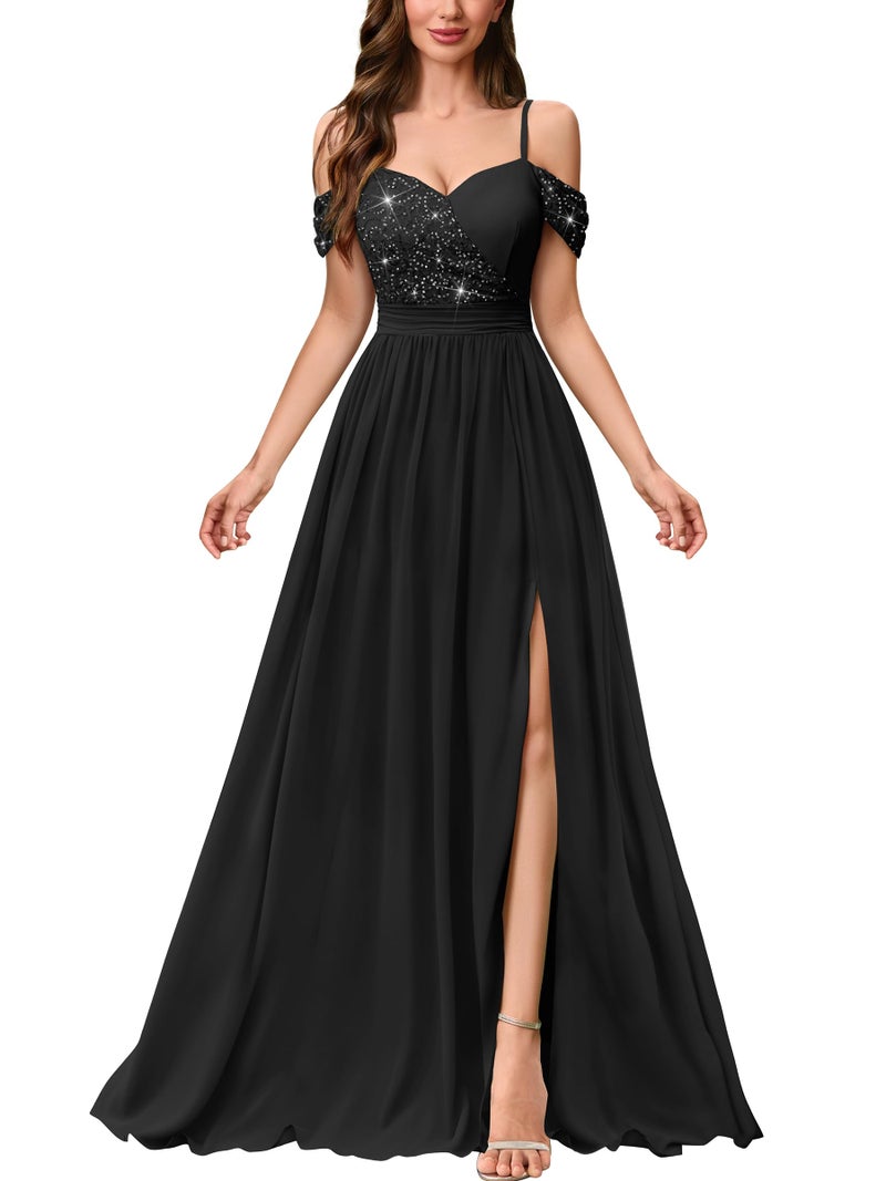 Miusol Women's Off Shoulder Elegant Sequined Split Spaghetti Straps Wedding Maxi Dress (X-Large, Black) - Image 1