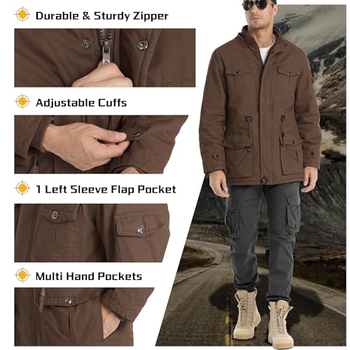 CHEXPEL Tactical Jackets for Men Military Winter Flannel Work Coats Hooded Warm Winter Jackets with Pockets Brown L - Image 5