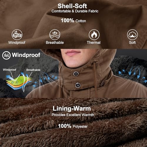 CHEXPEL Tactical Jackets for Men Military Winter Flannel Work Coats Hooded Warm Winter Jackets with Pockets Brown L - Image 4