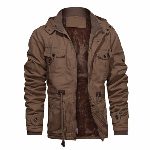 CHEXPEL Tactical Jackets for Men Military Winter Flannel Work Coats Hooded Warm Winter Jackets with Pockets Brown L - Image 1