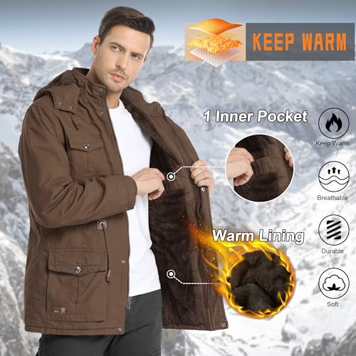 CHEXPEL Tactical Jackets for Men Military Winter Flannel Work Coats Hooded Warm Winter Jackets with Pockets Brown L - Image 3