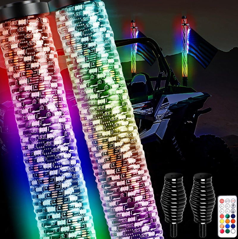 AUDEXEN New Upgraded 3FT RGB Whip Lights with AntiFracture Spring Base Spiral Led Whip Light with App and Remote Control for Jeep UTV ATV OffRoad RZR Polaris Truck Car 4X4 Sand Buggy Dune 2 Pack