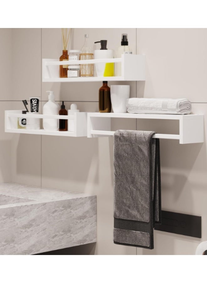 3 Pack White Solid Wood Wall Mount Storage Shelves, Bathroom Floating Wooden Organizer Rack with Towel Bar, No Drill Wall Shelf for Toiletries Cosmetic Bathroom Decor - Image 1