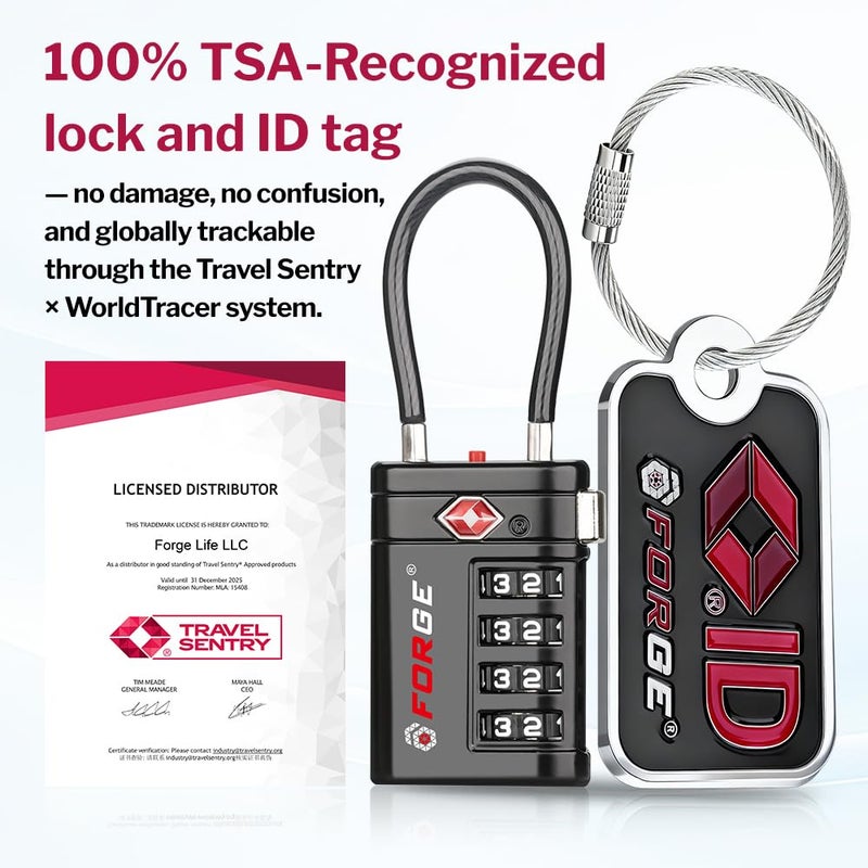 أقفال أمتعة Forge معتمدة من TSA – أقفال سفر TSA برمز مكوّن من 4 أرقام مع TSA008، ومؤشر تنبيه عند الفتح، وهيكل من سبيكة الزنك للأمتعة وحقيبة السفر وحقيبة الظهر وغير ذلك، أسود 2 PK، أقفال كابل - Image 2
