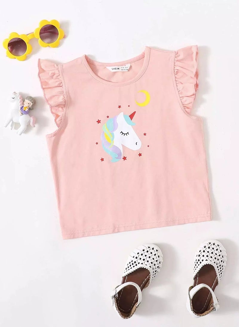 Toddler Girls Ruffle Armhole Unicorn Print Tank Top - Image 1