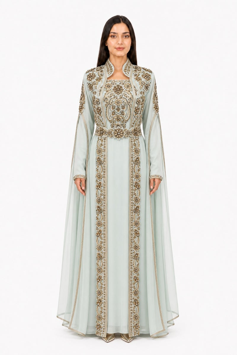 Mohamed Zahabi Women’s Maxi Kaftan with Handcrafted Embellishments and Extra-Long Sleeves – Pale Mint - Image 1