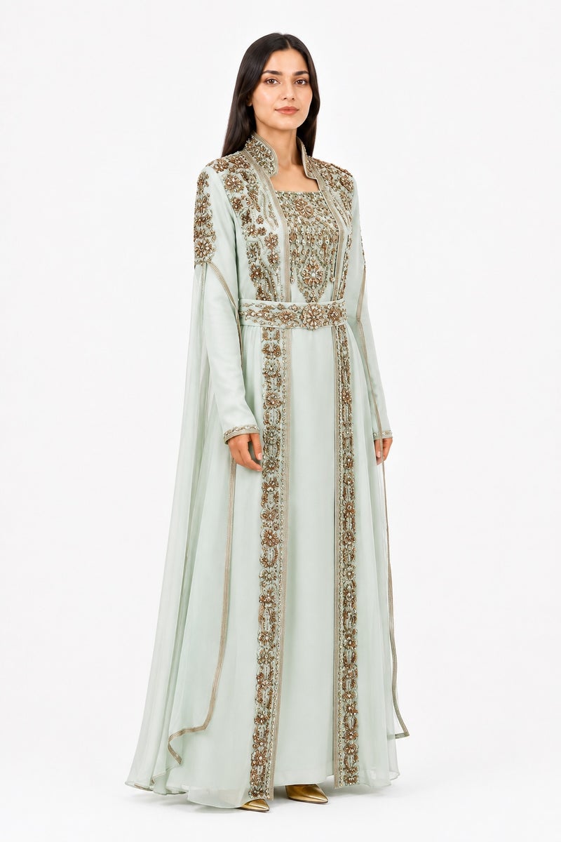 Mohamed Zahabi Women’s Maxi Kaftan with Handcrafted Embellishments and Extra-Long Sleeves – Pale Mint - Image 2