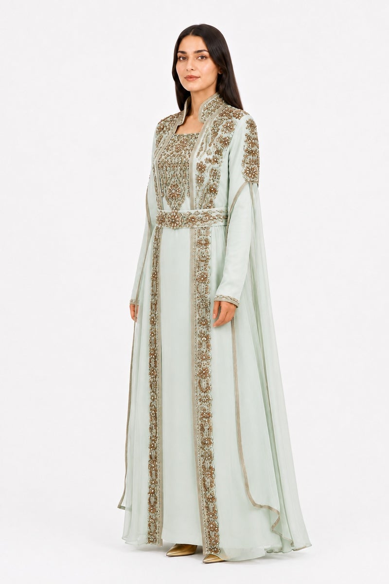 Mohamed Zahabi Women’s Maxi Kaftan with Handcrafted Embellishments and Extra-Long Sleeves – Pale Mint - Image 3