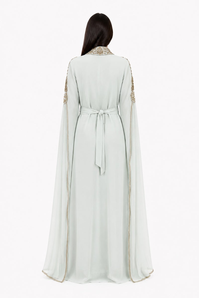 Mohamed Zahabi Women’s Maxi Kaftan with Handcrafted Embellishments and Extra-Long Sleeves – Pale Mint - Image 4