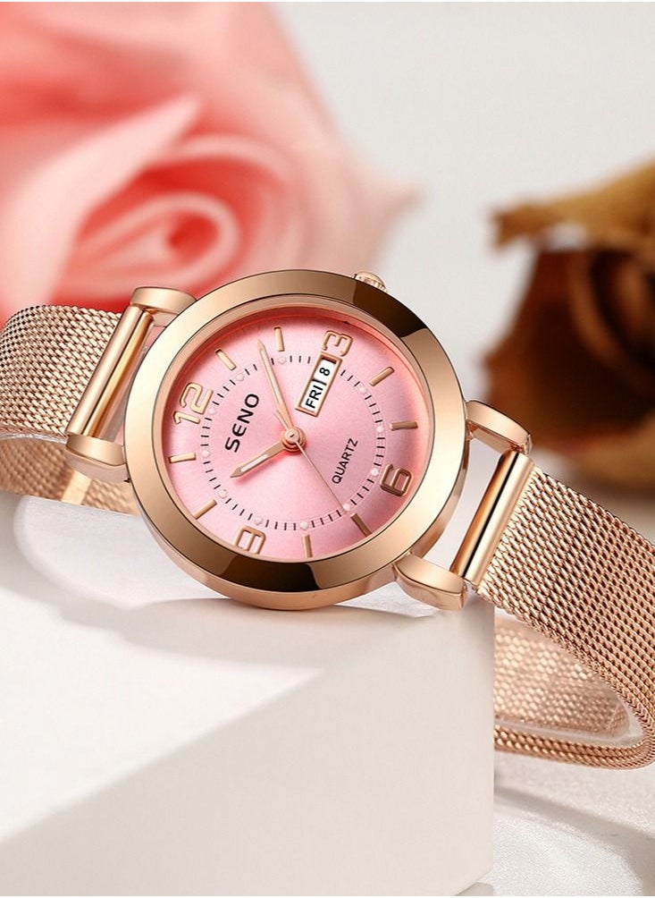 SENO - Women's Fashion Waterproof Watch - Pink and Rose Gold - Image 1