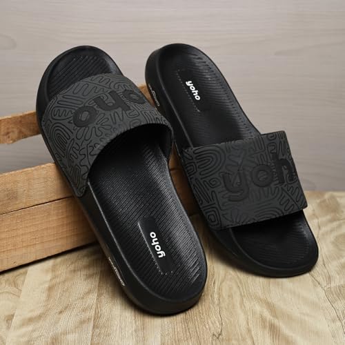 YOHO Doodle Sliders for Men | Feather-Light EVA Sole | Durable PU Upper | Soft Lycra Lining | All-Day Comfort | Subtle Branding | Water-Resistant Design | Classic Black - UK 10 - Image 2