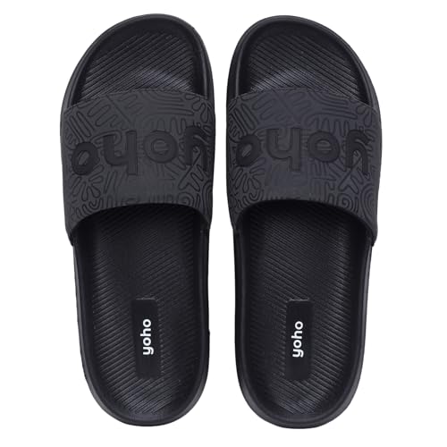 YOHO Doodle Sliders for Men | Feather-Light EVA Sole | Durable PU Upper | Soft Lycra Lining | All-Day Comfort | Subtle Branding | Water-Resistant Design | Classic Black - UK 10 - Image 4