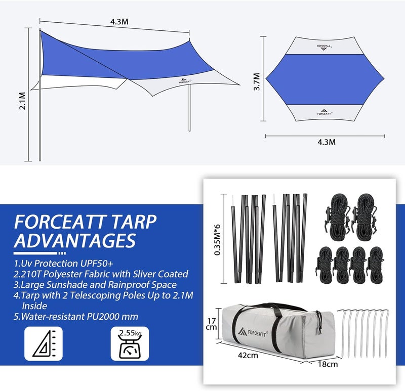Forceatt 12x14FT Waterproof Anti-UV Camping Tarp with 2 Poles (UPF50+), Lightweight Sun Shelter for Car, Tent, Hammock in Hiking, Backpacking, Garden and Traveling - Image 2