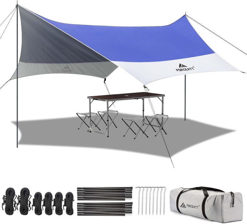 Forceatt 12x14FT Waterproof Anti-UV Camping Tarp with 2 Poles (UPF50+), Lightweight Sun Shelter for Car, Tent, Hammock in Hiking, Backpacking, Garden and Traveling - Image 1