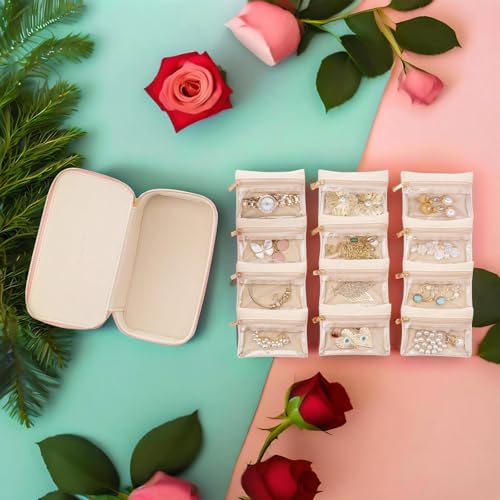 Vlando Travel Jewelry Box Organizer - 12 Small Velvet Zipped Pouches Pockets for Jewelries Necklaces Rings Earrings Sorting Storage, Offwhite - Image 5