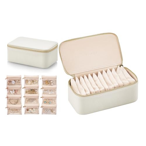 Vlando Travel Jewelry Box Organizer - 12 Small Velvet Zipped Pouches Pockets for Jewelries Necklaces Rings Earrings Sorting Storage, Offwhite - Image 1