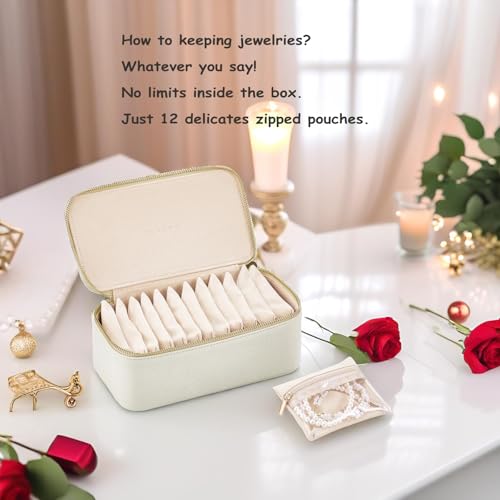 Vlando Travel Jewelry Box Organizer - 12 Small Velvet Zipped Pouches Pockets for Jewelries Necklaces Rings Earrings Sorting Storage, Offwhite - Image 3