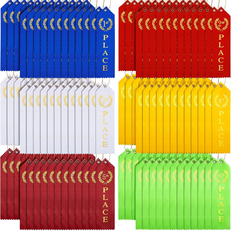 Kenning 180 Pcs Swimming Gymnastics Track Award Ribbon Award Ribbons 1st to 6th Place Flat Carded Set First Place Prizes with Card and Rope Award Ribbon Organizer Contest Award Ribbons 6 Color - Image 2