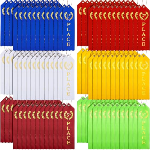Kenning 180 Pcs Swimming Gymnastics Track Award Ribbon Award Ribbons 1st to 6th Place Flat Carded Set First Place Prizes with Card and Rope Award Ribbon Organizer Contest Award Ribbons 6 Color - Image 1