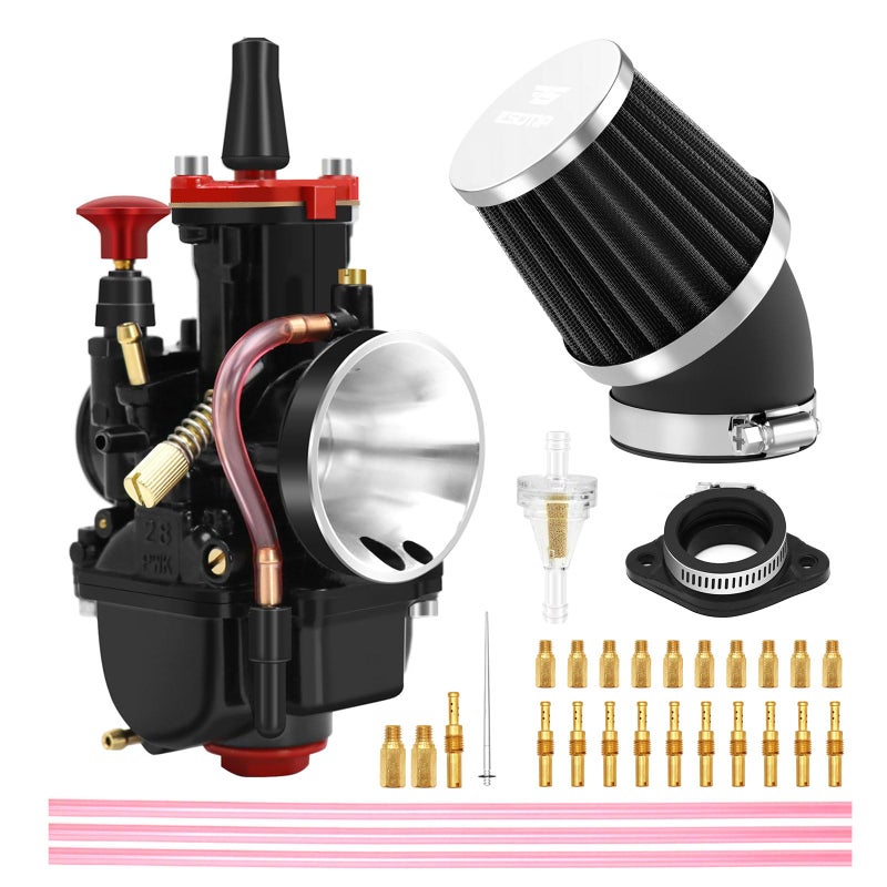 PWK 28mm Carburetor Racing Carb Kits with Air Filter 10pcs Main Jets 10pcs Slow Pilot Jets Universal for 2T 4T Engine Dirt Bike Motocross Motorcycle Scooter ATV Quad Go Kart 28mm
