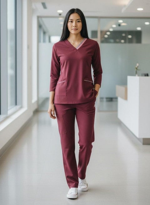 Professional Medical Scrubs Set for Women, V-Neck Uniform with Contrast Piping, 3/4 Sleeve Top and Pants for Healthcare Workers and Housemaids