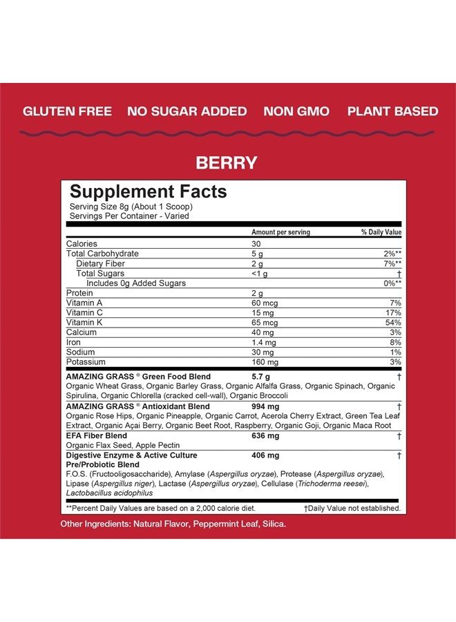Amazing Grass Greens Blend Superfood Powder Smoothie Mix with Organic Spirulina, Chlorella, Beet Root, Digestive Enzymes, Prebiotics And Probiotics, Berry - 30 Servings  - Image 3