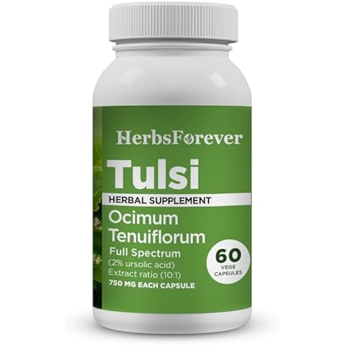 HerbsForever Tulsi (Holy Basil)-Extra Strength (10:1)Extract, Equiv.to 2250mg Leaves Powder Per Serving- Supports Immunity,Respiratory & Stress Relief|Antioxidant|2%Ursolic Acid|60Veg Capsules|750mg - Image 1