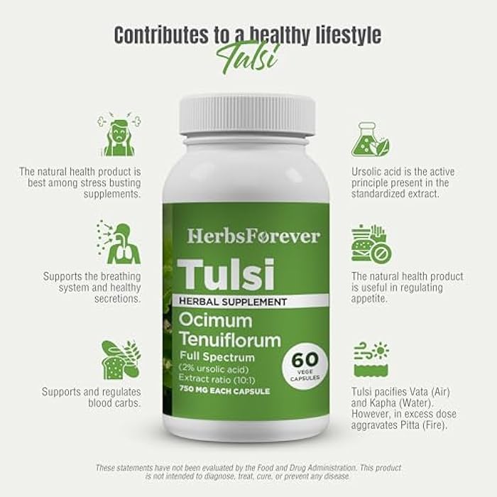 HerbsForever Tulsi (Holy Basil)-Extra Strength (10:1)Extract, Equiv.to 2250mg Leaves Powder Per Serving- Supports Immunity,Respiratory & Stress Relief|Antioxidant|2%Ursolic Acid|60Veg Capsules|750mg - Image 5